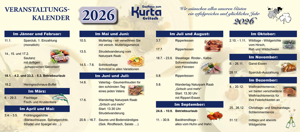 Veranstaltungskalender 2026 Gasthaus Kurta